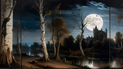 Prompt: Act Giselle Ballet moon lit night cemetery landscape with a castle on a distant hill. The foreground is old crumbling tombstones. The entire scene is framed by birch trees in autumn inspired by the paintings of Caspar David Friedrich