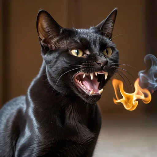 Prompt: domestic shorthair cat sleek black coat spitting out fire from its mouth  like a dragon