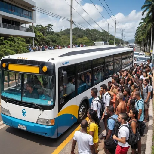 Prompt: Criei uma imagem, estilo realista, com diversas pessoas esperando um ônibus em um ponto de embarque. Mostre a parada do ônibus em perpectiva aerea. Essa imagem deve ter caracteristicas de uma cidade localizada no Brasil. 