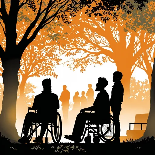 Prompt: silhouettes of a bearded male in his mid 20's in a park with a person with a disability