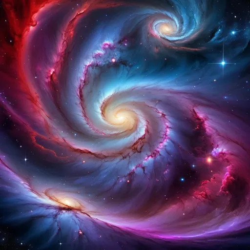 Prompt: Vibrant digital artwork of swirling deep space galaxies, rich red and blue hues, mystical purple accents, high-res, ultra-detailed, cosmic art, surreal, vibrant colors, galactic nebulas, celestial wonders, deep space, cosmic fantasy, breathtaking visual effects, cosmic energy, stunning celestial beauty, mesmerizing, vivid colors, ethereal lighting