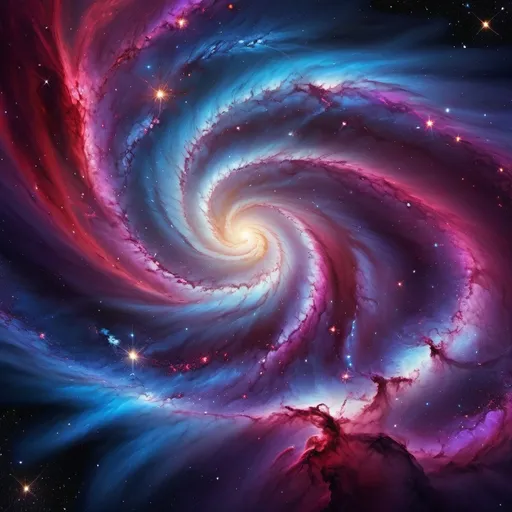 Prompt: Vibrant digital artwork of swirling deep space galaxies, rich red and blue hues, mystical purple accents, high-res, ultra-detailed, cosmic art, surreal, vibrant colors, galactic nebulas, celestial wonders, deep space, cosmic fantasy, breathtaking visual effects, cosmic energy, stunning celestial beauty, mesmerizing, vivid colors, ethereal lighting
