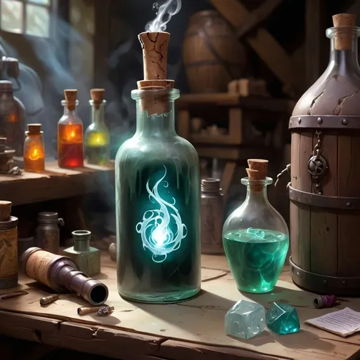 Prompt: Dungeons and Dragons, Fantasy art
Ephemeral holy spirit Soul vapor trapped in a corked potion bottle
Sitting on a tinkerers workbench