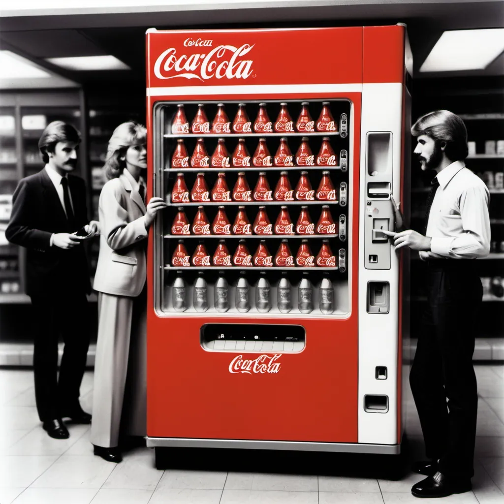 Prompt: You drawing a vending machine the cocacola in the years 1982
