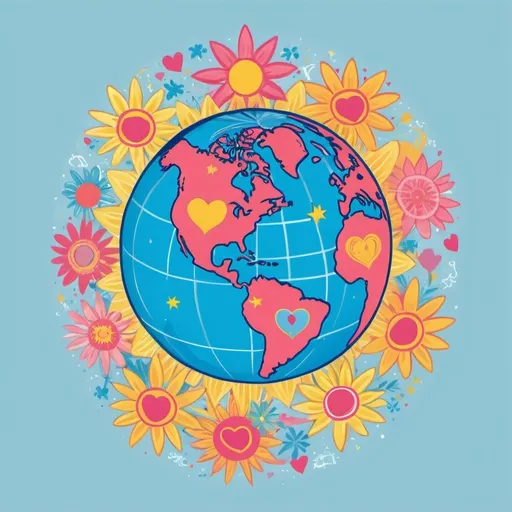 Prompt: "A vibrant and uplifting T-shirt design featuring a globe surrounded by radiant sunbeams and hearts. The text ‘Spread Positivity’ is written in bold, flowing letters above the globe. Around the globe, abstract shapes like stars, doves, and flowers symbolize love, peace, and kindness. The color palette includes bright and cheerful hues like yellow, sky blue, and pink, creating a warm and optimistic feeling. The design encourages positivity, unity, and a hopeful outlook on making the world a better place."

