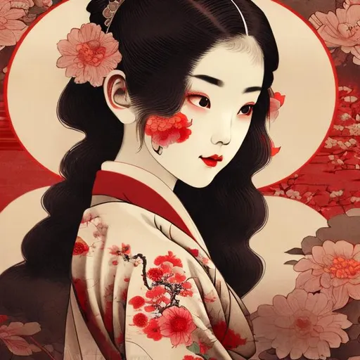 Prompt: Vintage Japanese girl, red moon, Japanese flowers, old-fashioned painting, traditional kimono, detailed facial features, intricate floral patterns, vintage atmosphere, high quality, vintage, traditional, detailed, old-fashioned, Japanese, red moon, intricate floral, vintage kimono, serene, atmospheric lighting