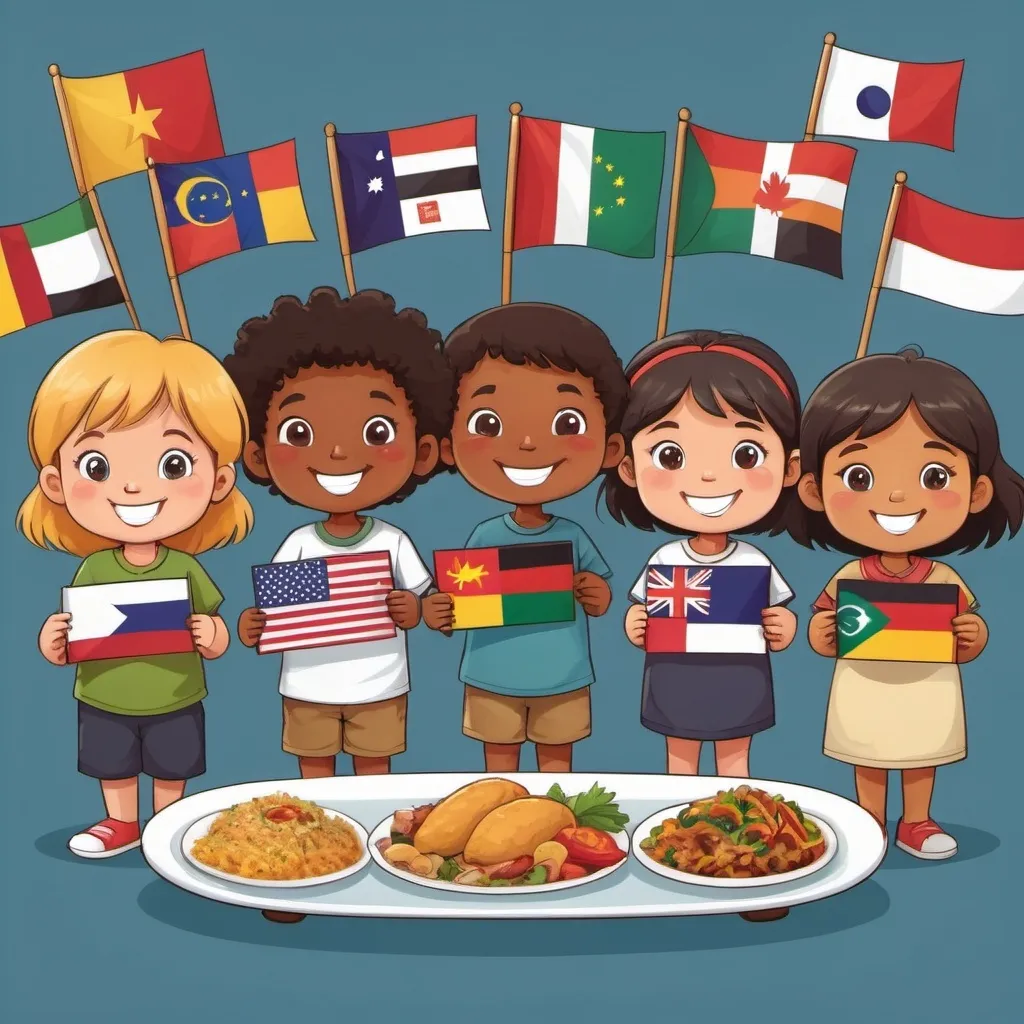 Prompt: cartoon happy multi-cultural children  in single file line holding flags from various countries and various cultural food dishes in the background