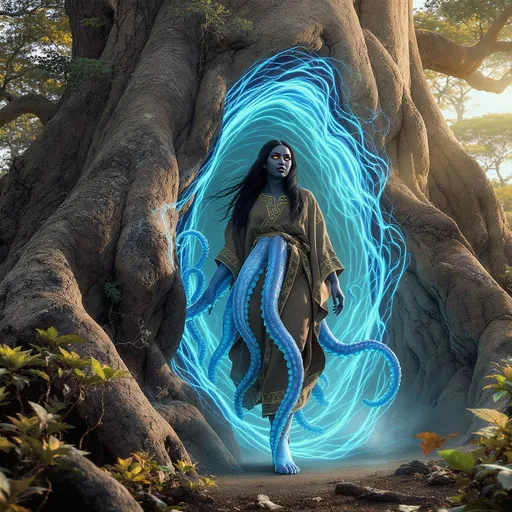 Prompt: A photorealistic surreal portrait of a Nytherian hybrid, part human, part octopus, emerging from a swirling, iridescent rift in spacetime.  Its form, a mesmerizing blend of human and cephalopod features, extends outwards, tentacles gracefully unfurling like silken ribbons, stepping into a vibrant Serengeti oasis. The hybrid's human face, a young adult of mixed Asian and African descent, displays a serene, curious expression; their eyes, a deep amber, reflect the otherworldly light.  Their skin, a tapestry of smooth human flesh and textured, subtly iridescent octopus skin, shimmers with an ethereal glow.  Long, flowing dark hair cascades down their back, contrasting with the stark, almost bioluminescent blue of their octopus limbs.  They wear flowing, earth-toned robes, reminiscent of ancient African garments, subtly patterned with geometric designs.  The background is a lush Serengeti oasis, a vibrant contrast to the rift; towering baobab trees with thick, textured bark frame the scene, their branches reaching towards the hybrid as if welcoming it.  Earth-like plants, vibrant with life, surround the base of the rift.  The lighting is dramatic, a blend of soft, warm sunlight filtering through the canopy and an ethereal, cool light emanating from the rift itself.  The style is hyperrealistic surrealism, with a cinematic depth of field, emphasizing the subject's otherworldly emergence.  Shot from a slightly low angle, using a wide-angle lens to emphasize the scale of the rift and the hybrid’s presence.  The overall mood is one of awe and wonder, a contemplative exploration of the intersection of nature and the surreal.