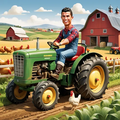 Prompt: Cristiano Ronaldo is driving a classic tractor through a lush green farm. He’s dressed in a traditional farming outfit—think a plaid shirt, rolled-up sleeves, denim overalls, and a straw hat. The background features wide-open fields, a clear blue sky, and a rustic barn or farmhouse. Add small details like crops in the field, a few chickens or cows nearby, and Ronaldo smiling confidently, radiating a humble yet determined vibe.

