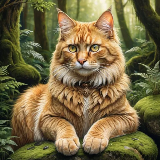 Prompt: Detailed, realistic drawing of a majestic cat, golden fur with intricate patterns, piercing amber eyes, sitting on a moss-covered stone in a lush enchanted forest, high quality, realistic, detailed, intricate fur, majestic, vibrant greenery, natural lighting