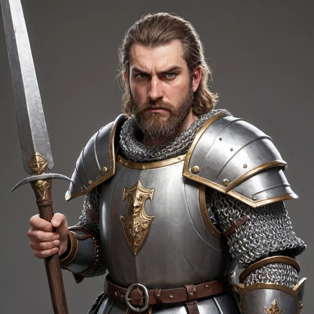 Prompt: A stern paladin, with beard stubble and frown, wearing chain mail and wielding a halberd. 