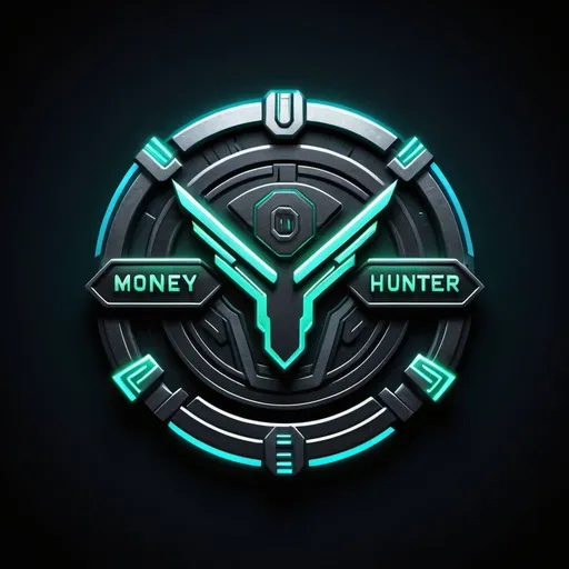 Prompt: Detailed, sleek, futuristic logo of a money hunter, metallic textures, high-tech cyber theme, glowing neon accents, high-res, ultra-detailed, futuristic, metallic textures, cyberpunk, glowing neon, professional, sleek design, atmospheric lighting