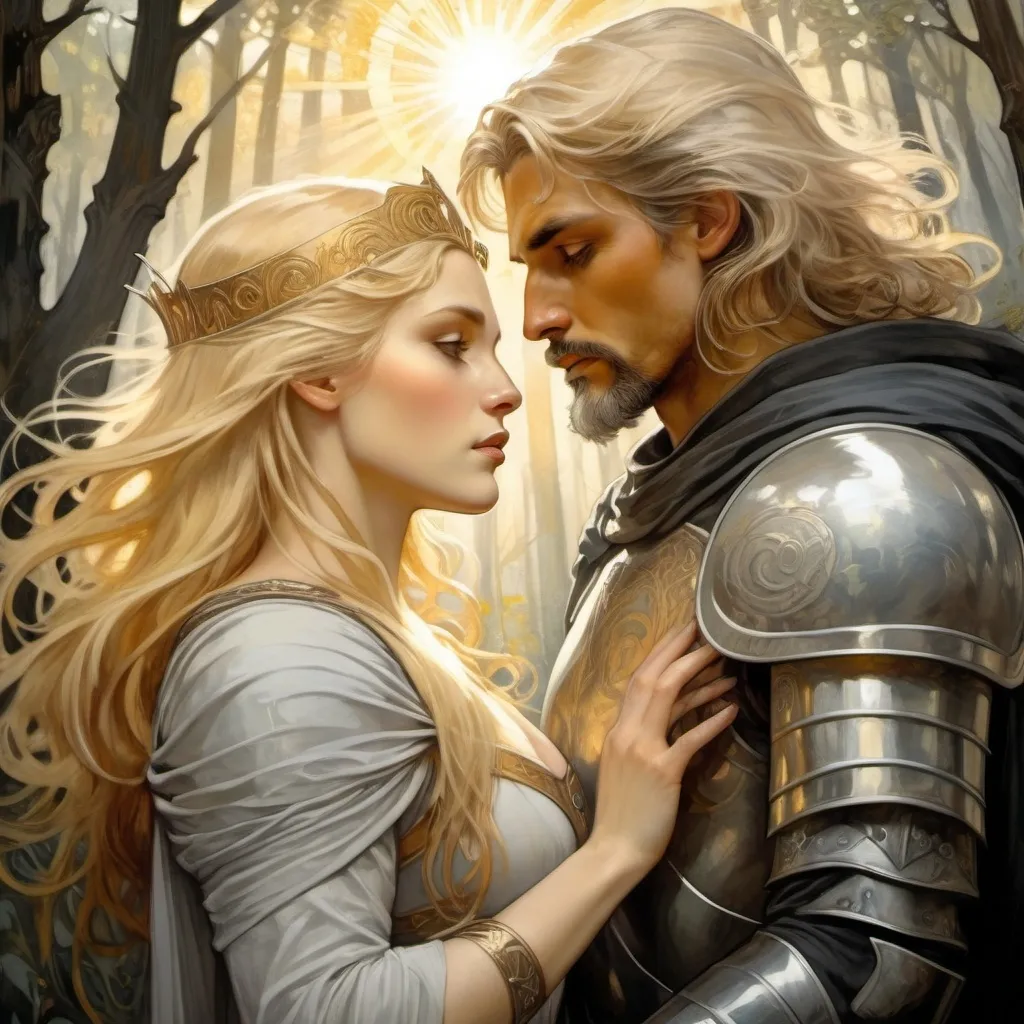 Prompt: rA oolder knight no helm black  white streaks in hair and goatee standing face to face  with a warrior woman beautiful withe golden hair and grey eyes in a mystical forest around sunlight