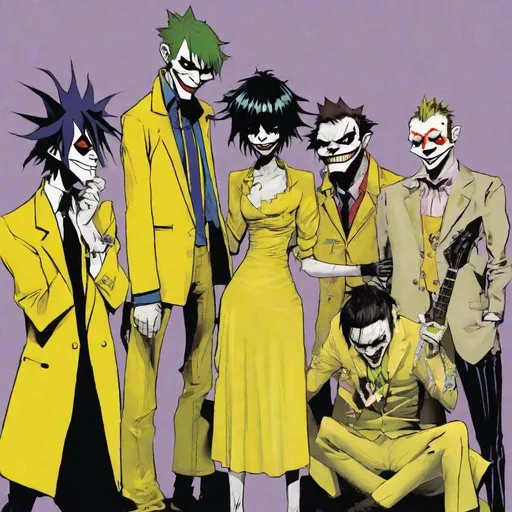 Prompt: gorillaz music band,joker,in a yellow dress