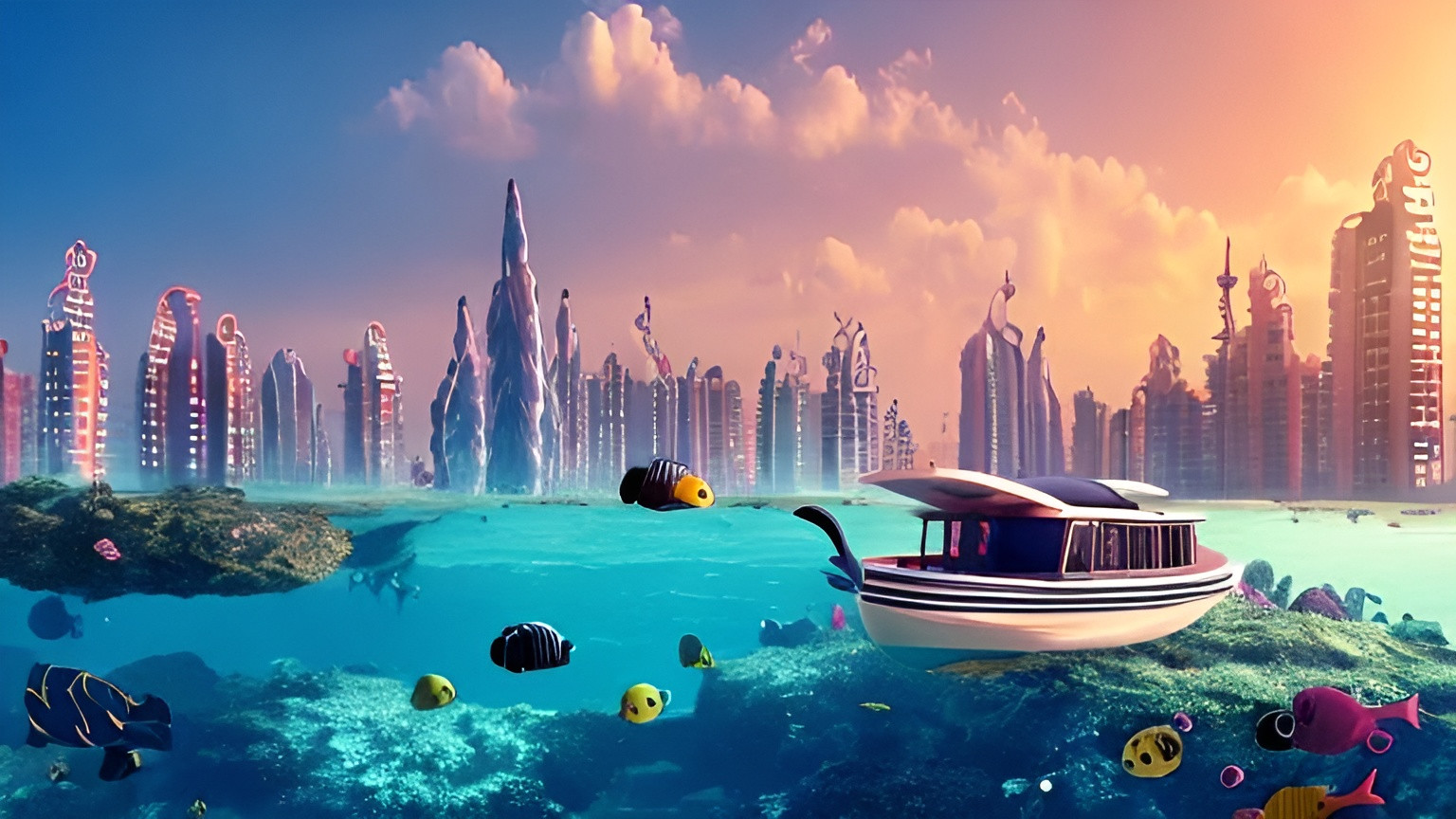 Prompt: small boat on clear sea water with a rooftop underwater city on the horizon