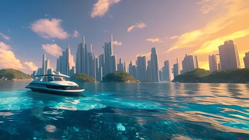 Prompt: small boat on clear sea water with a rooftop underwater city on the horizon add while under boat