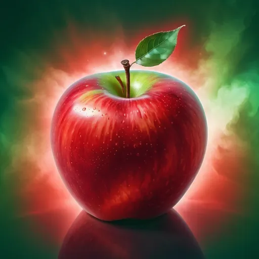 Prompt: Vibrant digital illustration of a heavenly red apple, surreal and dreamlike atmosphere, luscious red and green hues, soft heavenly glow, detailed texture with subtle highlights, mystical, high quality, dreamy surrealism, vibrant colors, heavenly lighting