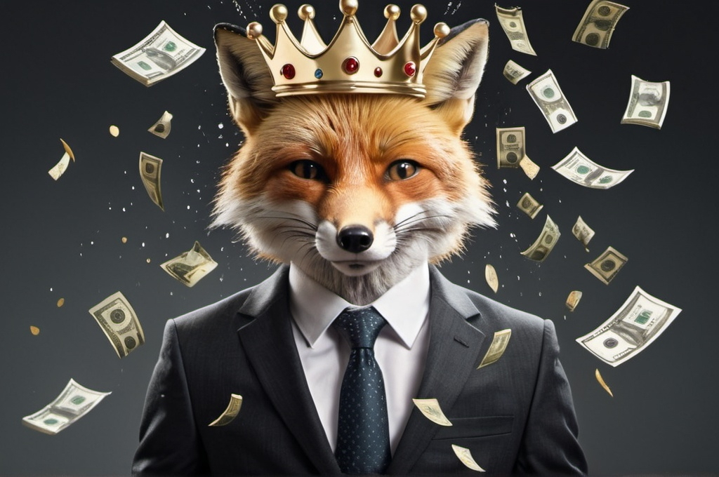 Prompt: a fox with a business suit wering a crown with money raining 