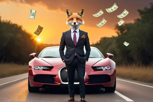 Prompt: a fox with a business suit wering a crown with money raining in a bugati veron on the road with a sunset