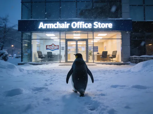 Prompt: Create a realistic cinematic winter scene similar to the reference penguin image. A single penguin seen from behind walking through snow toward a modern storefront. Replace the CITY building with the uploaded Armchair Office Store entrance: wide glass facade, bright interior lights, office chairs clearly visible inside, Armenian signage preserved. Evening atmosphere, gentle snowfall, cold blue tones, realistic lighting and shadows, depth of field, photographic realism, ultra detailed, 4K quality. No text overlay, no cartoon style.