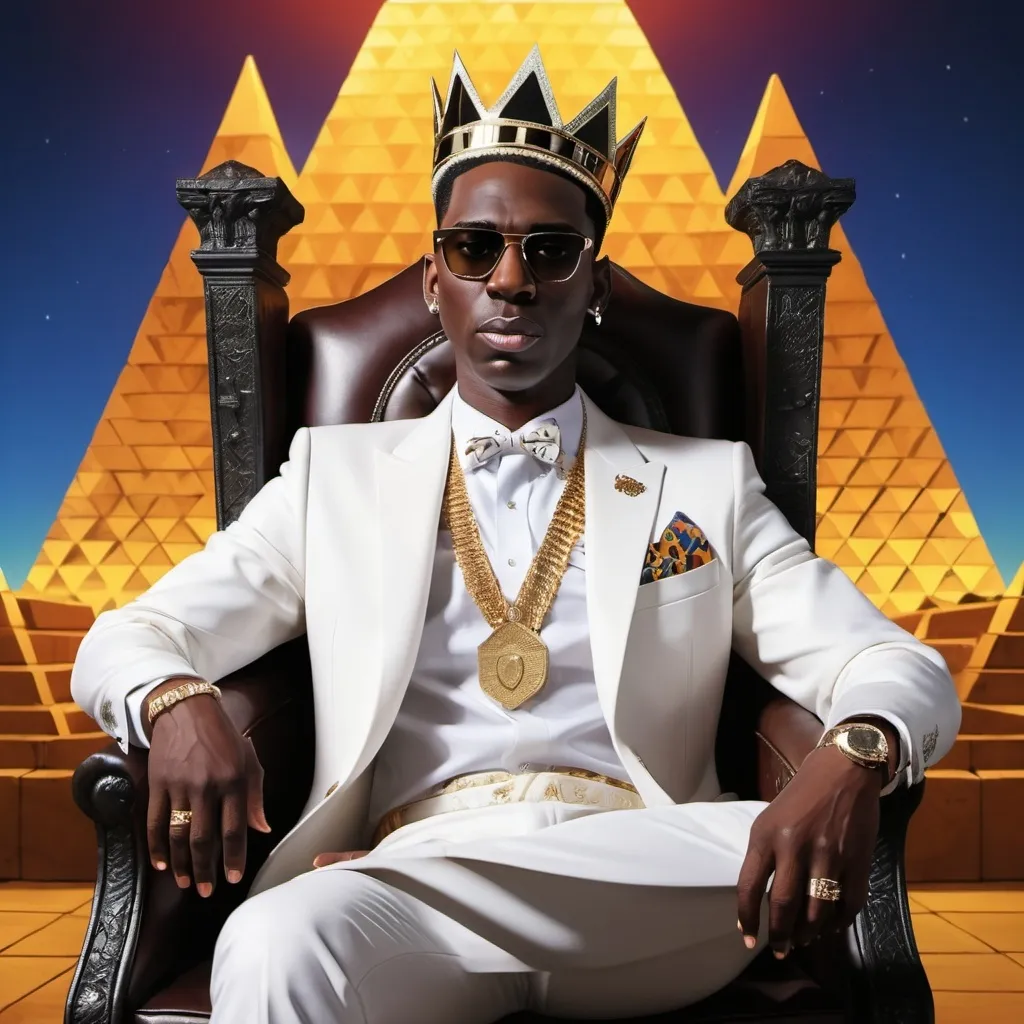 Prompt: Young Dolph sitting on the throne as the king of Memphis with the Pyramid in the background 