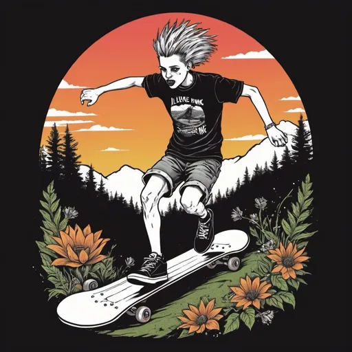 Prompt: Art for a t-shirt in like a skateboarding/punk vibe but it’s nature and running themed 