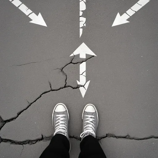 Prompt: in hyper real style and greyscale color scheme, from perspective of looking down at feet walking in grey converse shoes, a cracked pavement road with white directional arrows pointing different directions