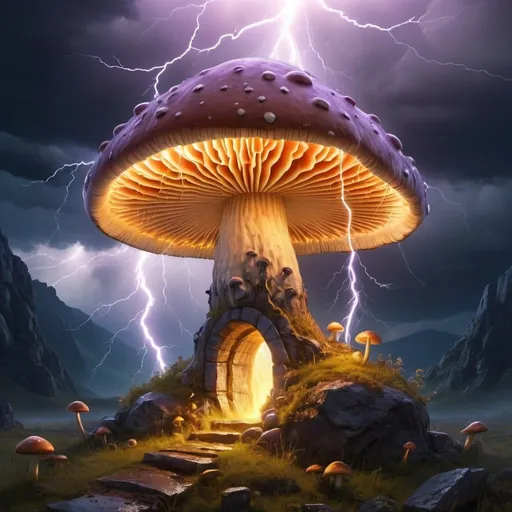 Prompt: magical glowing mushroom mountain portal in the lightning storm of the century