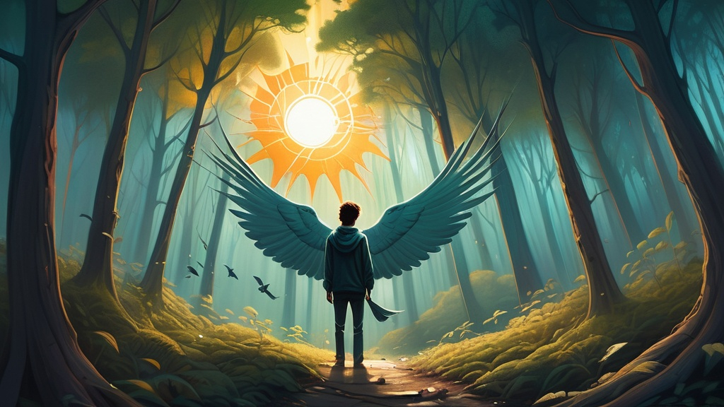 Prompt: a painting of a person standing in a forest with a bird flying overhead and a sun shining through the trees, Cyril Rolando, fantasy art, magic the gathering artwork, a detailed painting