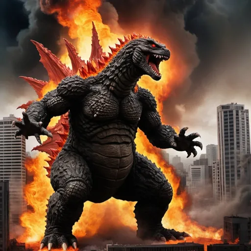 Prompt: Fire Godzilla Backround, hell theme, throwing a city angrily 