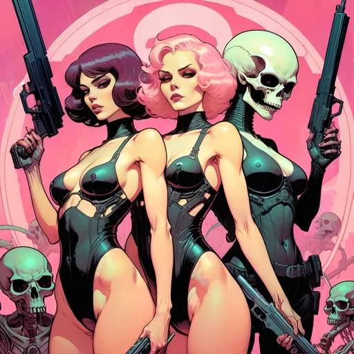 Prompt: two women in bodysuits holding guns in front of a pink background with a skull and a giant alien, Benjamin Marra, transgressive art, comic cover art, cyberpunk art