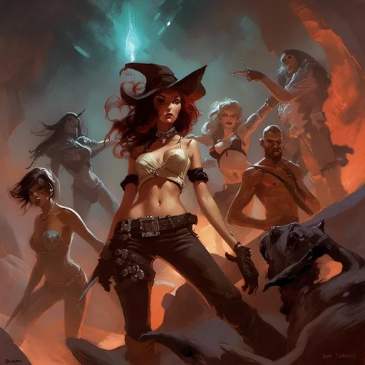 Prompt: <mymodel>no men, Fantasy Characters Close up portrait, Frank frazetta art style, gang of 7 woman with fox tails on a strange planet, science-fiction, pulp style, female space cowboy and a women with foxtails, woman's clothing is falling off, dramatic lighting, volumetric drawing, barely showing, tattooed cowboy is "Diamond Dean" woman is "Ruby Starlight", space monster in background, one woman has pink and black hair, shiny glowing metallic high tech pistols, dramatic fantasy background, sitting with alien woman with long tongue,l, kissing women, floating flowing gowns, loose clothes, white gowns, pink hair, women sitting on white serpent, sheer clothes, see through clothes, wet clothes, wet skin, holding swords, swords with lights and futuristic, fires all around, sleek spaceship, glowing lights, dramatic lightning, close up portrait, rainbow, rain, red under light, realistic anatomy, 4k, upscale, masterpiece painting, oil painting, golden glowing octopus, dramatic background, tentacles wrapped around legs, orgasmic face, wet legs , large water droplets, deep chest, words that read "The Diamond Dean Chronicles ", add diamonds and gems sparkling, 4x upscale face, anime girls, anime girlfriend, space fortress in background, dramatic background, epic cathedral ruins, epic Castle ruins, stained glass windows, sunbeams coming through windows, no pink in background, dynamic colors, dramatic color, women have fox tails, women have rabbit ears, high resolution, 