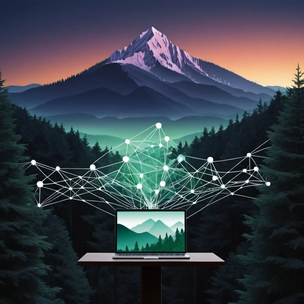 Prompt:   Computer network over a graphic of a forested mountain at dusk. 