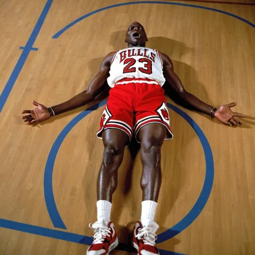 Prompt: micheal jordan on the floor of a basketball court, presumably dead