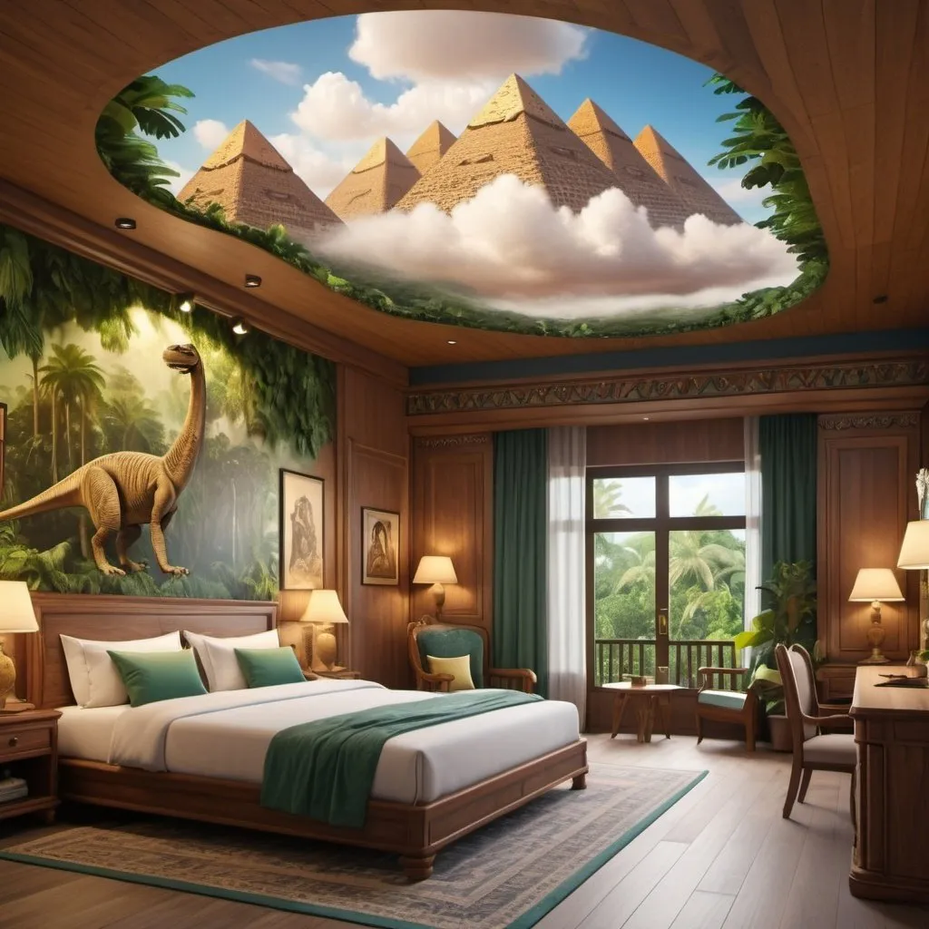 Prompt: very realistic hotel room big family with a king double side bed cloud and big inspired in rainforest and Egypt palace and wood design with pictures from Dino Park, 
real details 8k 