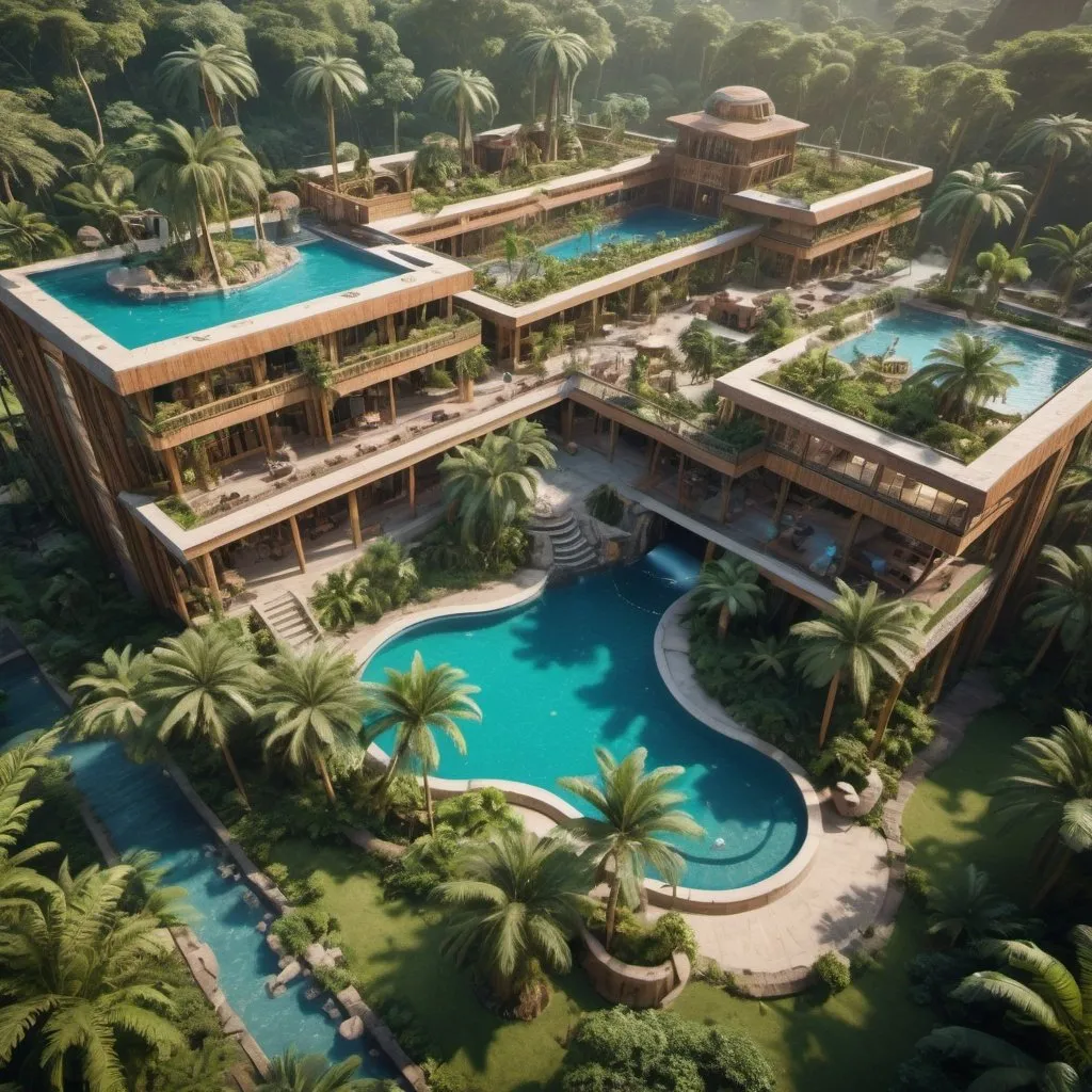 Prompt: very realistic hotel drone picture with a big garden and pool inspired in rainforest and Egypt palace and wood design with pictures from Dino Park, 
real details 8k 