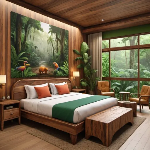 Prompt: a very realistic hotel room with a king double two Queen side cotton bed inspired in the rainforest, Costa Rica Design and wood design with pictures from Dino Park, real details 8k