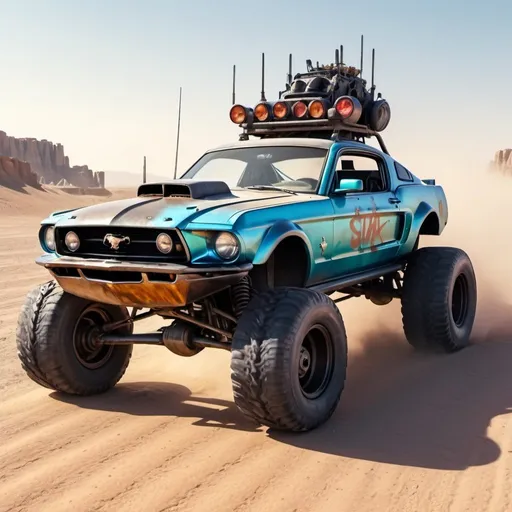 Prompt: 4x4 buggy big wheels Ford Mustang Guns Land in the desert Mad MAx movie city style, realistic details 8k perspective 8k volumetric, a vibrant and colorful high quality realistic details in HDR