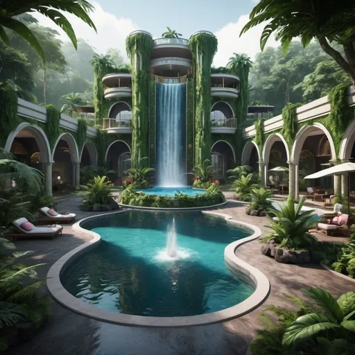 Prompt: very realistic hotel picture with a big garden and pool inspired in the rainforest with waterfalls and palace designed with Dino Park in the area, real details 8k, in the pool there is a Lamborgini-Yath style luxury 