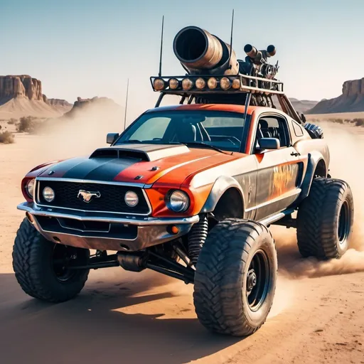 Prompt: 4x4 buggy big wheels Ford Mustang Guns Land in the desert Mad MAx movie city style, realistic details 8k perspective 8k volumetric, a vibrant and colorful high quality realistic details in HDR