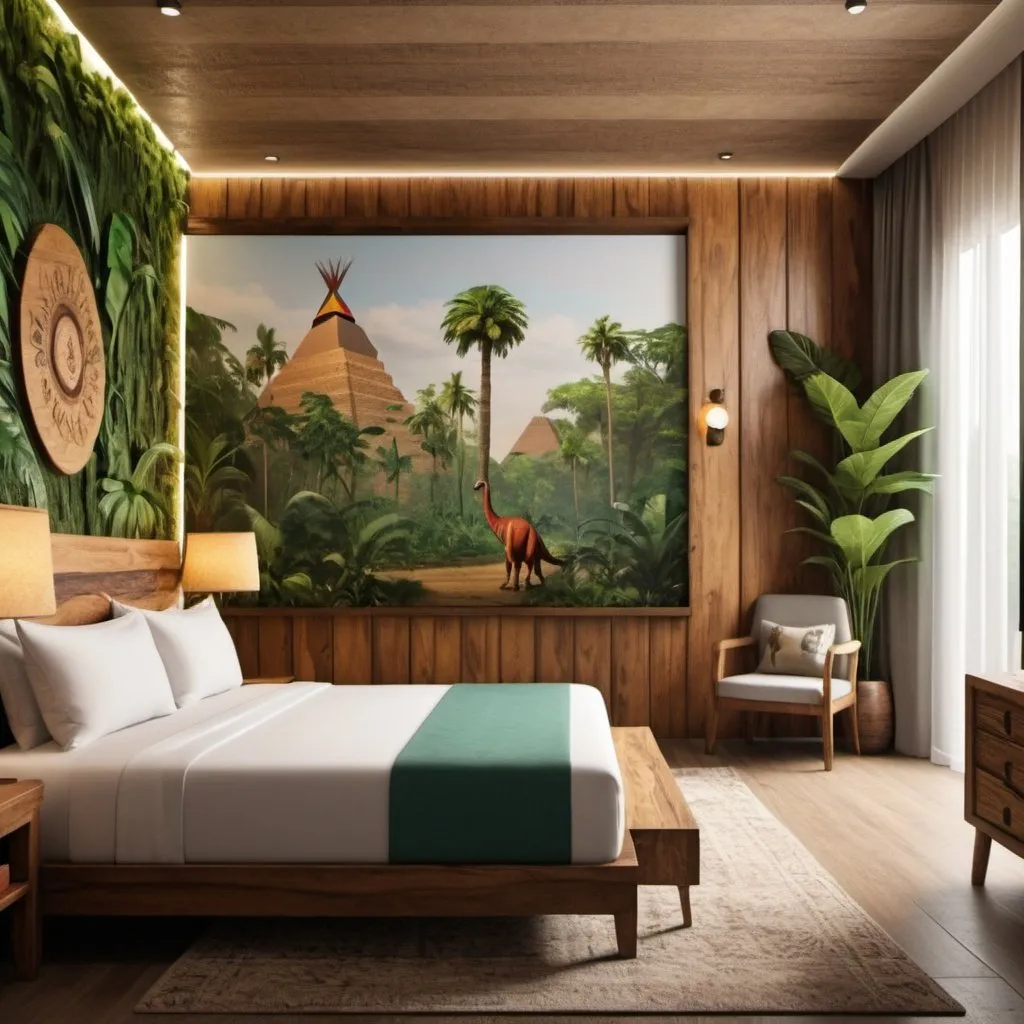 Prompt: very realistic hotel room with a king double side bed inspired in Mexico, rainforest, Egypt and wood design with pictures from Dino Park, 
real details 8k 