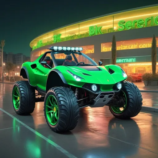 Prompt: 4x4 buggy big wheels green Ferrari Land in the night of a Color futuristic city, realistic details 8k perspective and 8k volumetric drawing, a vibrant and colorful high quality realistic details in HDR