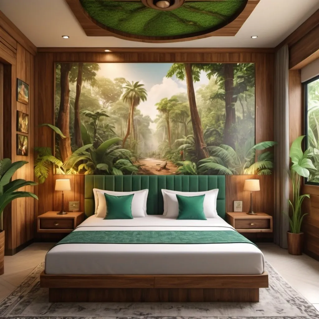 Prompt: very realistic hotel room with a king double side cotton bed  inspired in  rainforest, Egypt and wood design with pictures from Dino Park, real details 8k