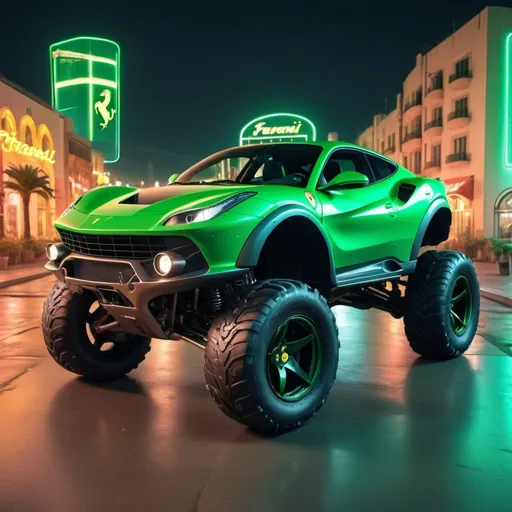 Prompt: 4x4 buggy big wheels green Ferrari Land in the night of a Color futuristic city, realistic details 8k perspective and 8k volumetric, a vibrant and colorful high quality realistic details in HDR
