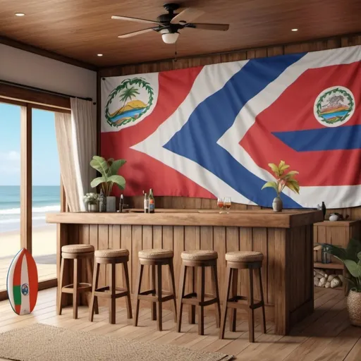 Prompt: beach house Pacific style wood with a big bar in the living room with big Costa Rica Flag on the wall and surfboard decoration, very realistic 8k extream details
