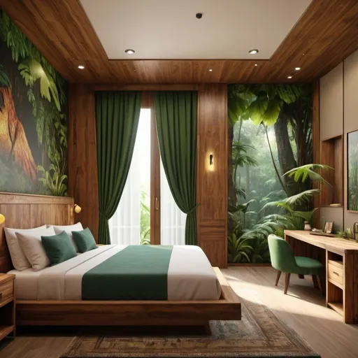 Prompt: very realistic hotel room with a king double side cotton bed  inspired in  rainforest, Egypt and wood design with pictures from Dino Park, real details 8k