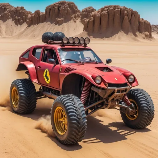 Prompt: 4x4 buggy big wheels Ferrari Guns Land in the desert Mad MAx movie style, realistic details 8k perspective 8k volumetric, a vibrant and colorful high quality realistic details in HDR