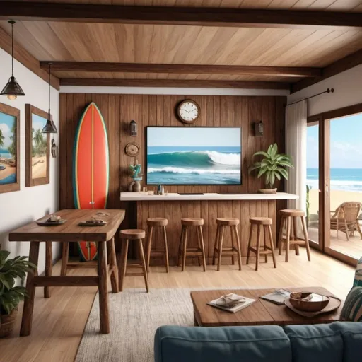 Prompt: beach house Pacific style wood with a big bar in the living room with the Costa Rica Flat on the wall and surfboard decoration, very realistic 8k extream details
