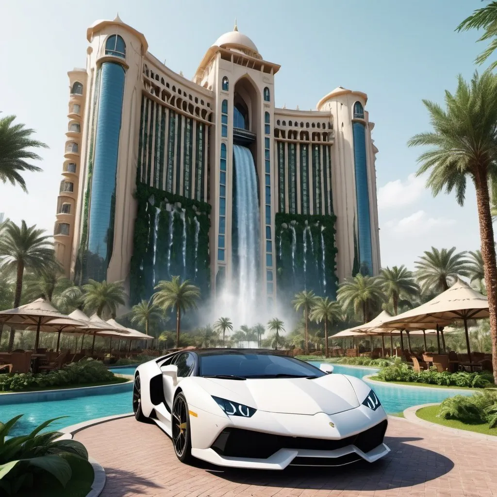 Prompt: very realistic hotel picture with a big garden and pool inspired in the rainforest with waterfalls and Dubai palace towers designed with  Dino Park in the area, real details 8k, in the parking there is a Buggy 4x4 big wheels Lamborgini military color style luxury car