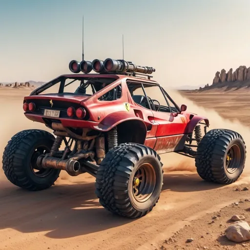 Prompt: 4x4 buggy big wheels Ferrari Guns Land in the desert Mad MAx movie style, realistic details 8k perspective 8k volumetric, a vibrant and colorful high quality realistic details in HDR